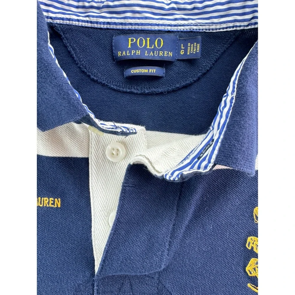 Polo Ralph Lauren Mens Custom Fit Striped Rugby Polo Shirt Navy White Sz LG Logo